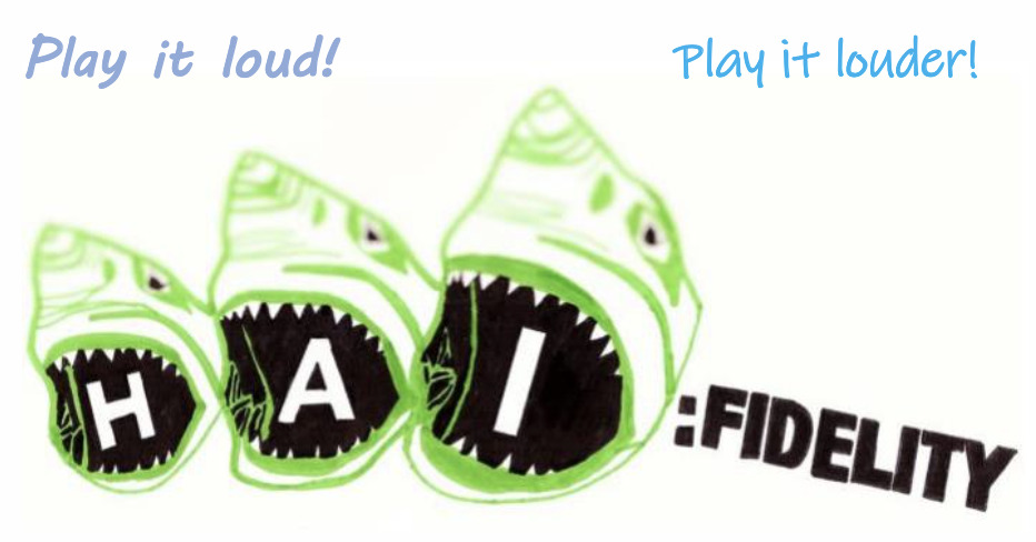 Drei Haie mit Buchstaben HAI, Text 'Play it loud!'